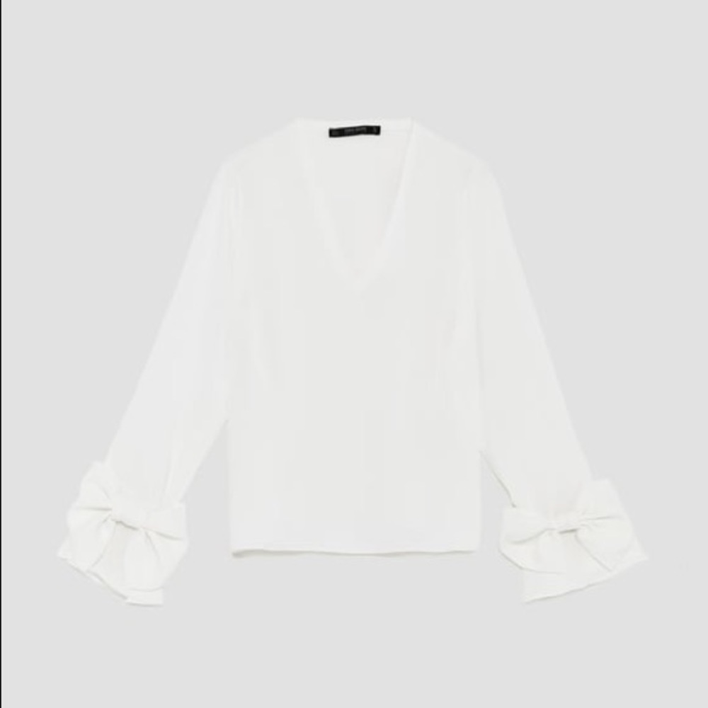 NWT Zara White Long Sleeved Bow V Neck Blouse - Picture 7 of 8